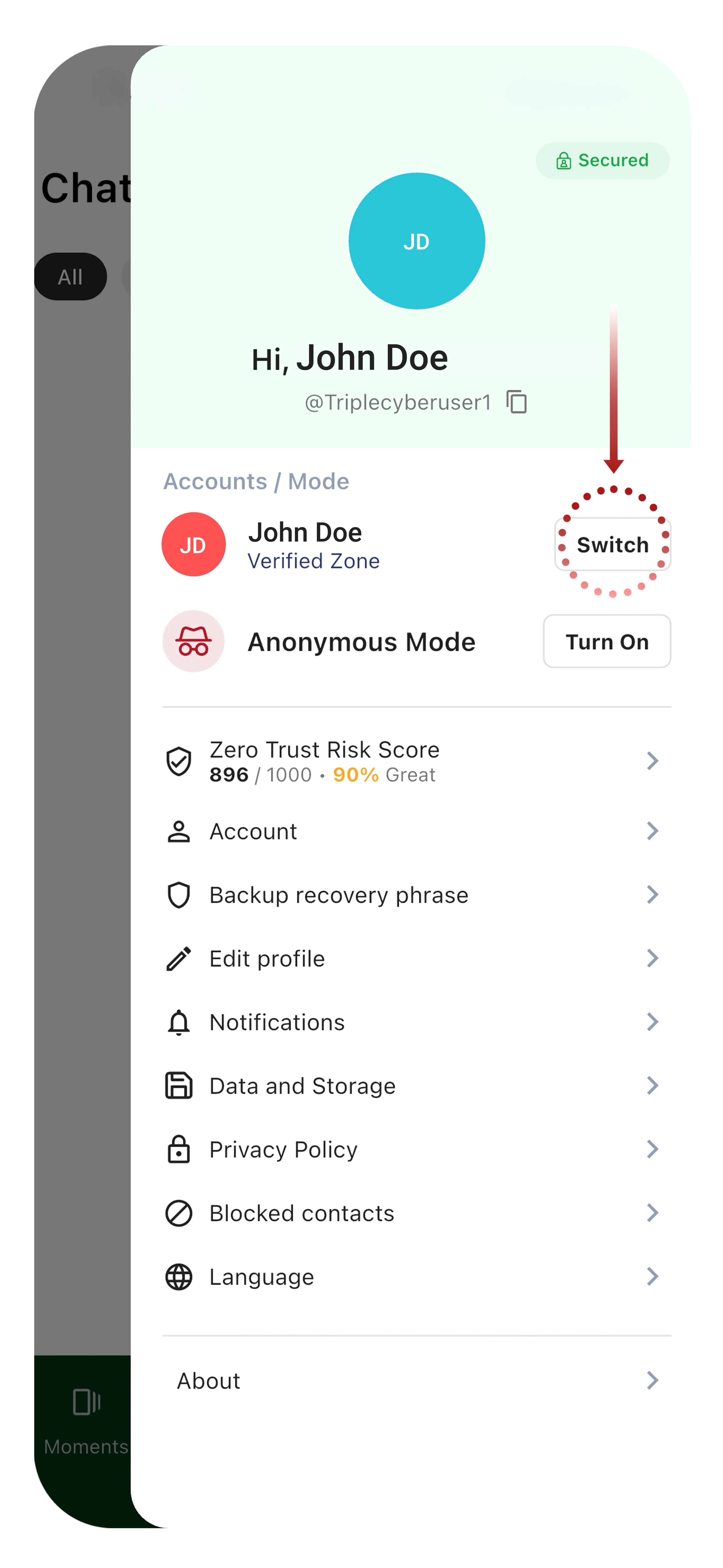 Profile panel showing Accounts/Mode section with Switch button