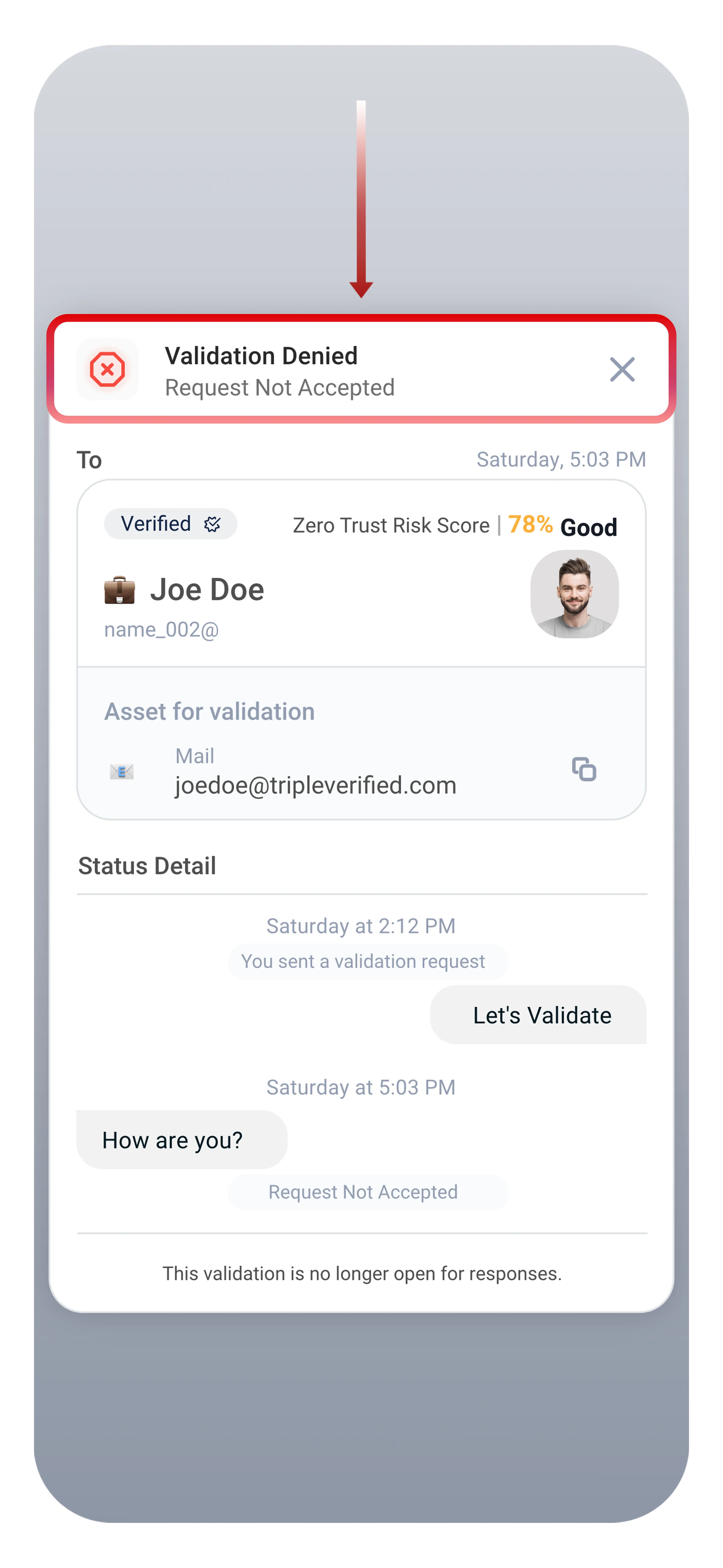 Declined validation alert