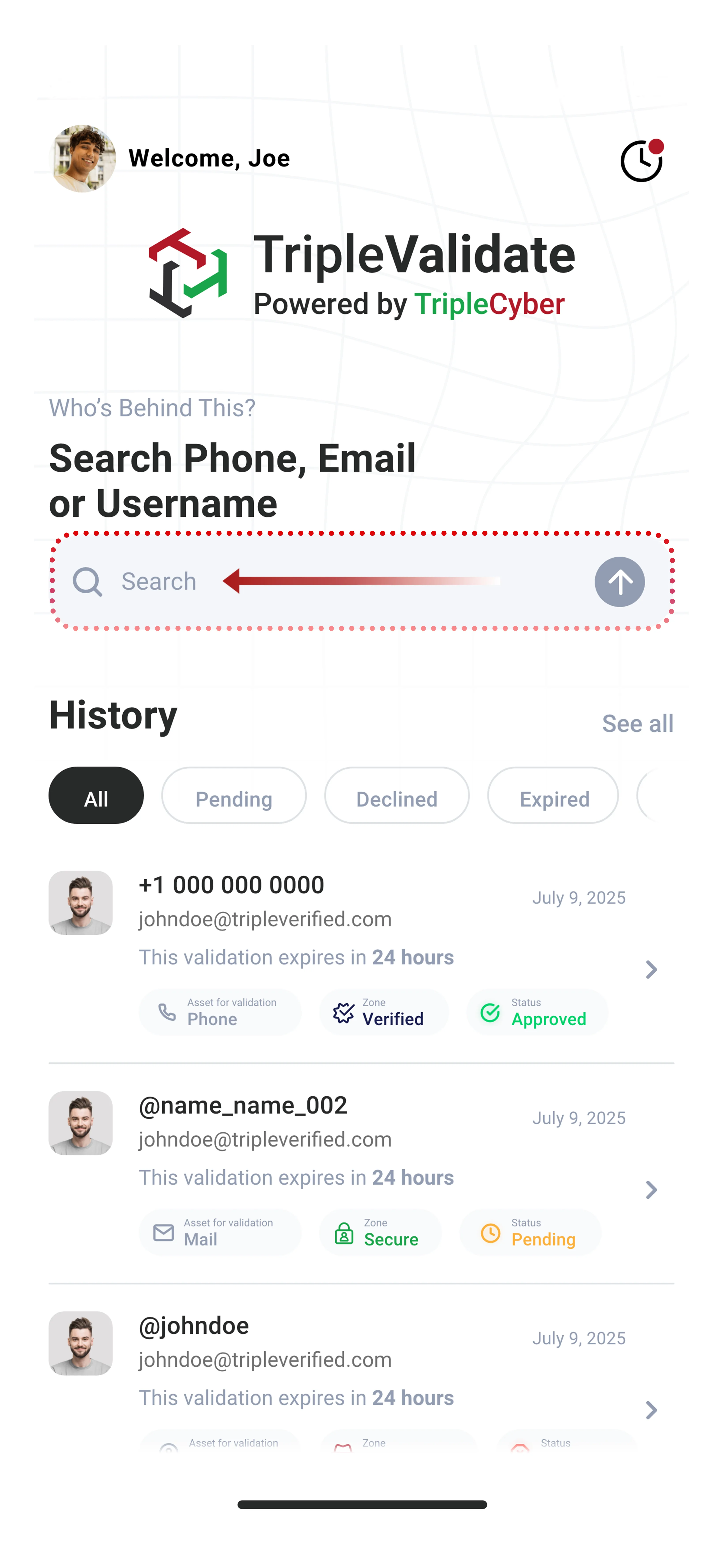Selecting a contact to validate