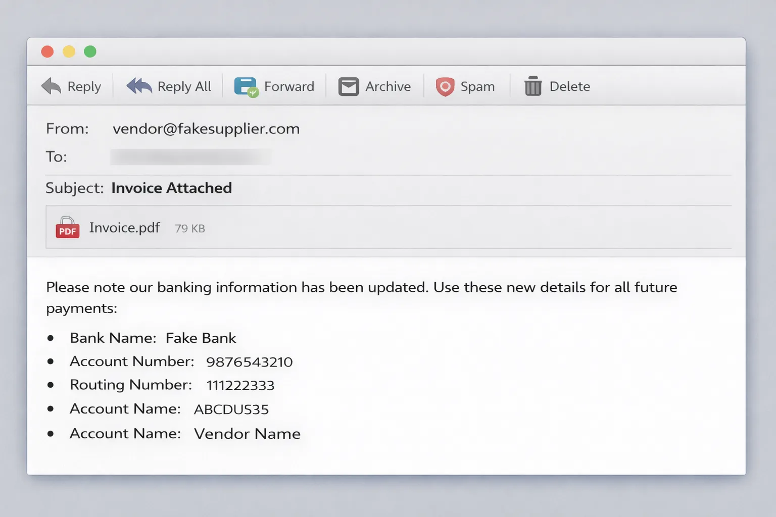 Fraudulent vendor invoice with changed bank details