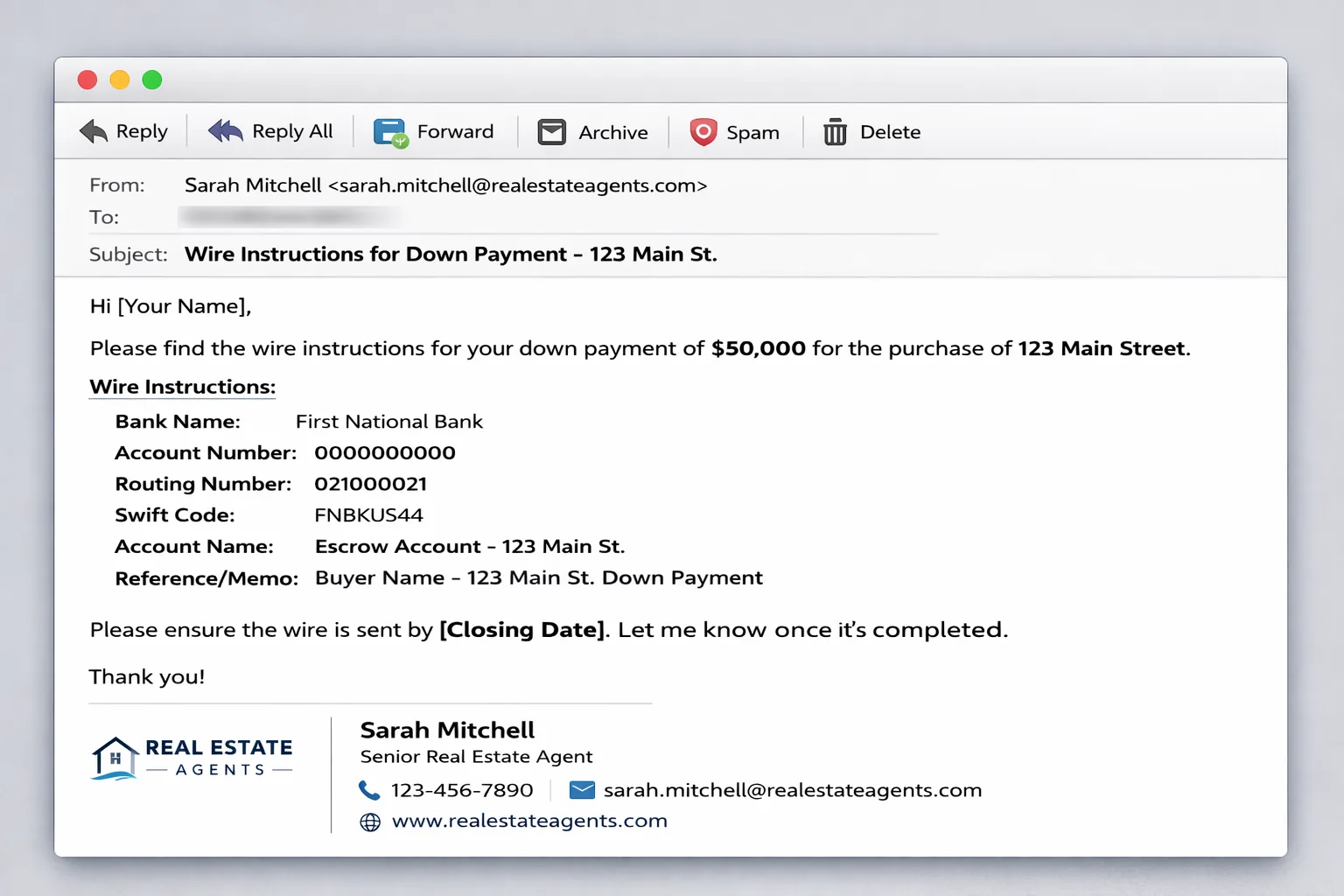 Fake wire instructions email for real estate